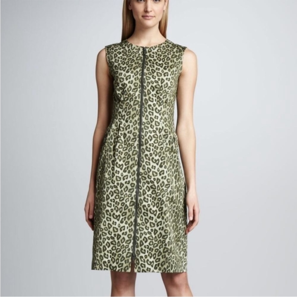 Lafayette 148 olive green leopard print full zip sleeveless dress with pockets